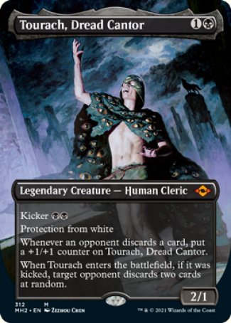 '-Tourach, Dread Cantor
Legendary Creature â€” Human Cleric
Kicker %B%B
Protection from white
Whenever an opponent discards a card, put a +1/+1 counter on Tourach.
When Tourach enters, if it was kicked, target opponent discards two cards at random.
2/1