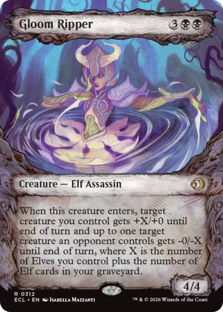 Gloom Ripper
Creature â€” Elf Assassin
When this creature enters, target creature you control gets +X/+0 until end of turn and up to one target creature an opponent controls gets -0/-X until end of turn, where X is the number of Elves you control plus the number of Elf cards in your graveyard.
4/4