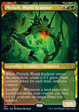 Phylath, World Sculptor
Legendary Creature — Elemental
When Phylath enters, create a 0/1 green Plant creature token for each basic land you control.
Landfall — Whenever a land you control enters, put four +1/+1 counters on target Plant you control.
5/5