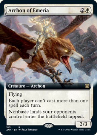 '-Archon of Emeria
Creature â€” Archon
Flying
Each player can't cast more than one spell each turn.
Nonbasic lands your opponents control enter tapped.
2/3