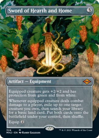 '-Sword of Hearth and Home
Artifact â€” Equipment
Equipped creature gets +2/+2 and has protection from green and from white.
Whenever equipped creature deals combat damage to a player, exile up to one target creature you own, then search your library for a basic land card. Put both cards onto the battlefield under your control, then shuffle.
Equip %2
