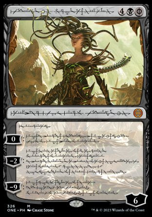 '-Vraska, Betrayal's Sting
Legendary Planeswalker â€” Vraska

0
You draw a card and you lose 1 life. Proliferate.
-2
Target creature becomes a Treasure artifact with "%T, Sacrifice this artifact: Add one mana of any color" and loses all other card types and abilities.
-9
If target player has fewer than nine poison counters, they get a number of poison counters equal to the difference.
Loyalty : 6