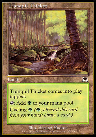 Tranquil Thicket
Land
This land enters tapped.
%T: Add %G.
Cycling %G