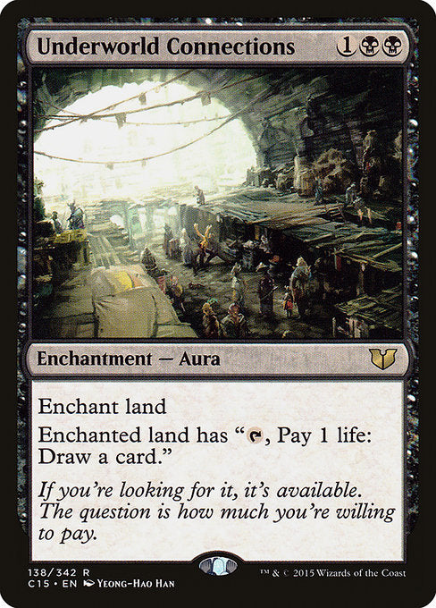 Underworld Connections
Enchantment — Aura
Enchant land
Enchanted land has "{T}, Pay 1 life: Draw a card."
