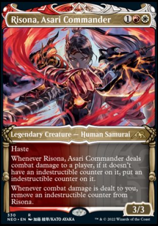'-Risona, Asari Commander
Legendary Creature â€” Human Samurai
Haste
Whenever Risona deals combat damage to a player, if it doesn't have an indestructible counter on it, put an indestructible counter on it.
Whenever combat damage is dealt to you, remove an indestructible counter from Risona.
3/3