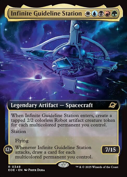 Infinite Guideline Station
Legendary Artifact — Spacecraft
When Infinite Guideline Station enters, create a tapped 2/2 colorless Robot artifact creature token for each multicolored permanent you control.
Station (Tap another creature you control: Put charge counters equal to its power on this Spacecraft. Station only as a sorcery. It's an artifact creature at 12+.)
12+ | Flying
Whenever Infinite Guideline Station attacks, draw a card for each multicolored permanent you control.
7/15