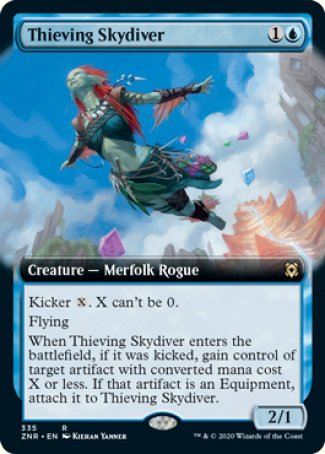 '-Thieving Skydiver
Creature â€” Merfolk Rogue
Kicker %X. X can't be 0.
Flying
When this creature enters, if it was kicked, gain control of target artifact with mana value X or less. If that artifact is an Equipment, attach it to this creature.
2/1