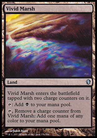 '-Vivid Marsh
Land
This land enters tapped with two charge counters on it.
%T: Add %B.
%T, Remove a charge counter from this land: Add one mana of any color.