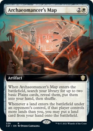 '-Archaeomancer's Map
Artifact
When this artifact enters, search your library for up to two basic Plains cards, reveal them, put them into your hand, then shuffle.
Whenever a land an opponent controls enters, if that player controls more lands than you, you may put a land card from your hand onto the battlefield.