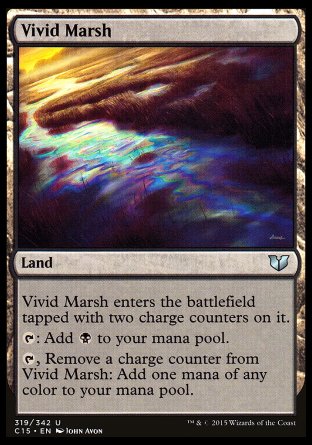'-Vivid Marsh
Land
This land enters tapped with two charge counters on it.
%T: Add %B.
%T, Remove a charge counter from this land: Add one mana of any color.
