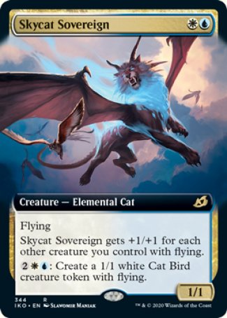 '-Skycat Sovereign
Creature â€” Elemental Cat
Flying
This creature gets +1/+1 for each other creature you control with flying.
%2%W%U: Create a 1/1 white Cat Bird creature token with flying.
1/1