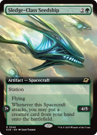 Sledge-Class Seedship
Artifact — Spacecraft
Station (Tap another creature you control: Put charge counters equal to its power on this Spacecraft. Station only as a sorcery. It's an artifact creature at 7+.)
7+: Flying
Whenever this Spacecraft attacks, you may put a creature card from your hand onto the battlefield.
4/5