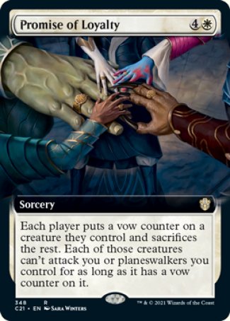'-Promise of Loyalty
Sorcery
Each player puts a vow counter on a creature they control and sacrifices the rest. Each of those creatures can't attack you or planeswalkers you control for as long as it has a vow counter on it.