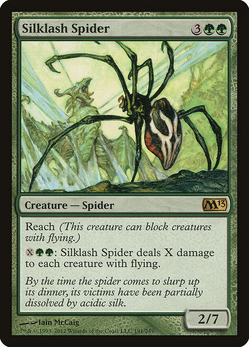 Silklash Spider
Creature — Spider
Reach
{X}{G}{G}: This creature deals X damage to each creature with flying.
2/7