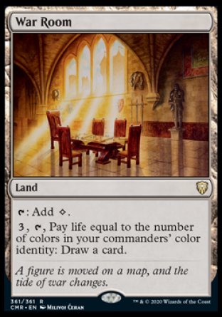 '-War Room
Land
%T: Add %C.
%3, %T, Pay life equal to the number of colors in your commanders' color identity: Draw a card.