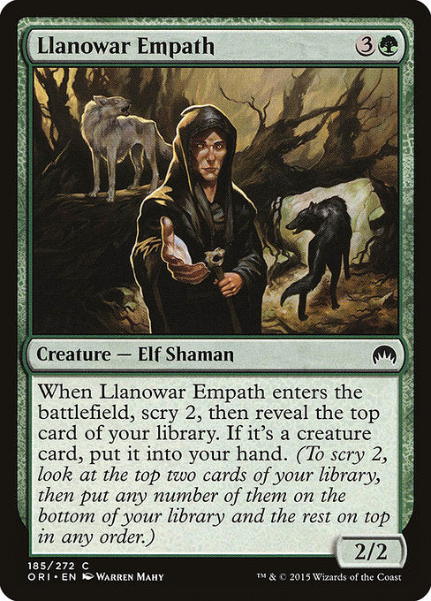 Llanowar Empath
Creature — Elf Shaman
When this creature enters, scry 2, then reveal the top card of your library. If it's a creature card, put it into your hand. (To scry 2, look at the top two cards of your library, then put any number of them on the bottom and the rest on top in any order.)
2/2