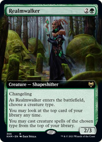 '-Realmwalker
Creature â€” Shapeshifter
Changeling
As this creature enters, choose a creature type.
You may look at the top card of your library any time.
You may cast creature spells of the chosen type from the top of your library.
2/3