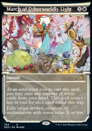 March of Otherworldly Light
Instant
As an additional cost to cast this spell, you may exile any number of white cards from your hand. This spell costs %2 less to cast for each card exiled this way.
Exile target artifact, creature, or enchantment with mana value X or less.