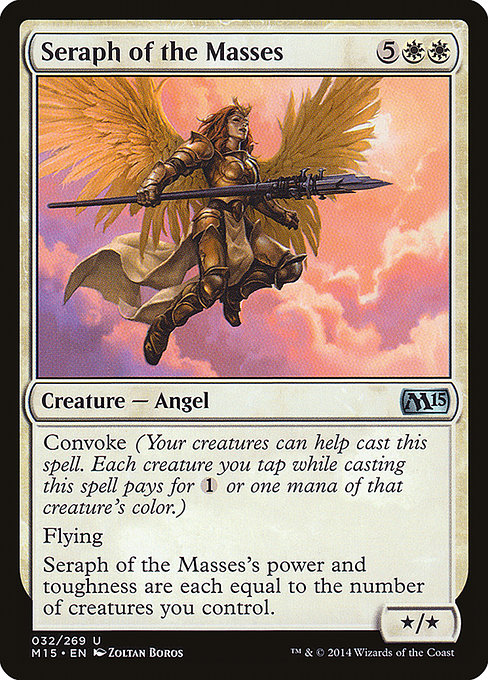 Seraph of the Masses
Creature — Angel
Convoke (Your creatures can help cast this spell. Each creature you tap while casting this spell pays for {1} or one mana of that creature's color.)
Flying
Seraph of the Masses's power and toughness are each equal to the number of creatures you control.
*/*