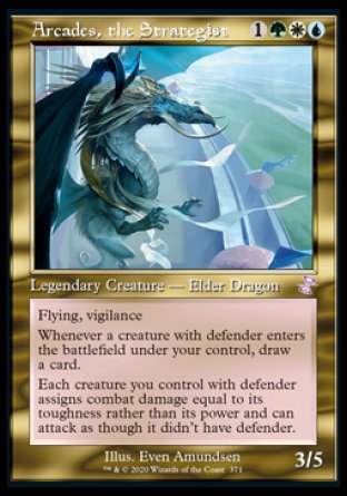 '-Arcades, the Strategist
Legendary Creature â€” Elder Dragon
Flying, vigilance
Whenever a creature you control with defender enters, draw a card.
Each creature you control with defender assigns combat damage equal to its toughness rather than its power and can attack as though it didn't have defender.
3/5