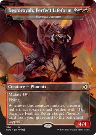 '-Everquill Phoenix
Creature â€” Phoenix
Mutate %3%R
Flying
Whenever this creature mutates, create a red artifact token named Feather with "%1, Sacrifice this token: Return target Phoenix card from your graveyard to the battlefield tapped."
4/4