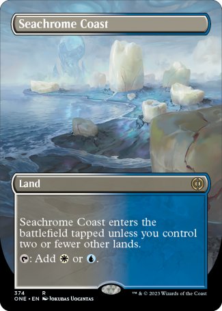 '-Seachrome Coast
Land
This land enters tapped unless you control two or fewer other lands.
%T: Add %W or %U.