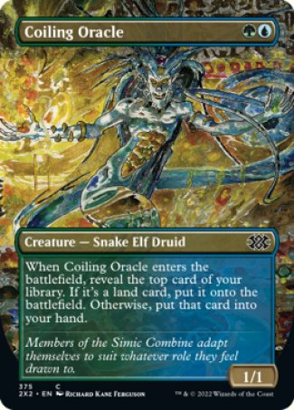 Coiling Oracle
Creature — Snake Elf Druid
When this creature enters, reveal the top card of your library. If it's a land card, put it onto the battlefield. Otherwise, put that card into your hand.
1/1