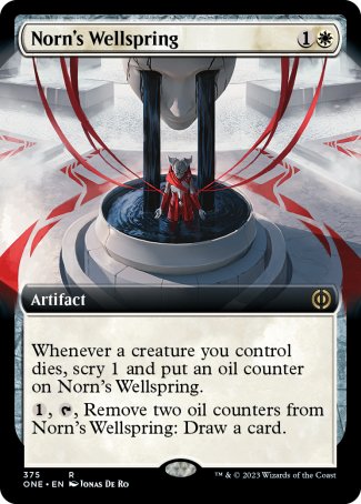 Norn's Wellspring
Artifact
Whenever a creature you control dies, scry 1 and put an oil counter on this artifact.
%1, %T, Remove two oil counters from this artifact: Draw a card.
