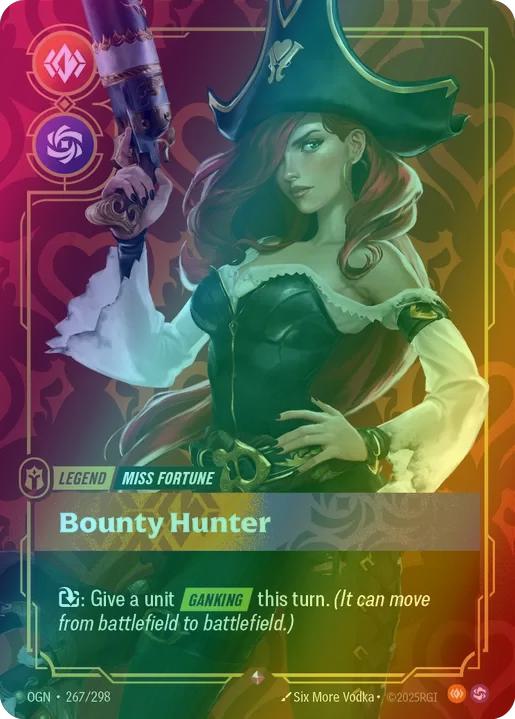 Bounty Hunter (Miss Fortune)
Alternate Art Qualifier: Default Art
Set: Origins
Finish: Foil
Rarity: Rare
Domain: Body Chaos
Card Text: Exhaust: Give a unit GANKING this turn. (It can move from battlefield to battlefield.)