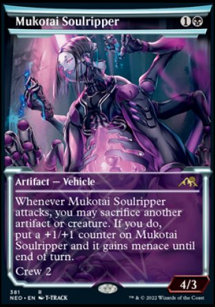 Mukotai Soulripper
Artifact — Vehicle
Whenever this Vehicle attacks, you may sacrifice another artifact or creature. If you do, put a +1/+1 counter on this Vehicle and it gains menace until end of turn.
Crew 2
4/3