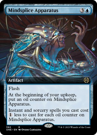 Mindsplice Apparatus
Artifact
Flash
At the beginning of your upkeep, put an oil counter on this artifact.
Instant and sorcery spells you cast cost %1 less to cast for each oil counter on this artifact.