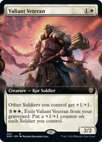 '-Valiant Veteran
Creature â€” Kor Soldier
Other Soldiers you control get +1/+1.
%3%W%W, Exile this card from your graveyard: Put a +1/+1 counter on each Soldier you control.
2/2