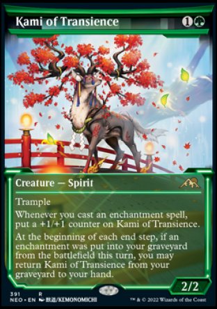 Kami of Transience
Creature — Spirit
Trample
Whenever you cast an enchantment spell, put a +1/+1 counter on this creature.
At the beginning of each end step, if an enchantment was put into your graveyard from the battlefield this turn, you may return this card from your graveyard to your hand.
2/2