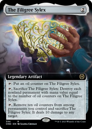 The Filigree Sylex
Legendary Artifact
%T: Put an oil counter on The Filigree Sylex.
%T, Sacrifice The Filigree Sylex: Destroy each nonland permanent with mana value equal to the number of oil counters on The Filigree Sylex.
%T, Remove ten oil counters from among permanents you control and sacrifice The Filigree Sylex: It deals 10 damage to any target.