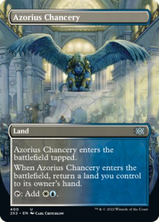 '-Azorius Chancery
Land
This land enters tapped.
When this land enters, return a land you control to its owner's hand.
%T: Add %W%U.