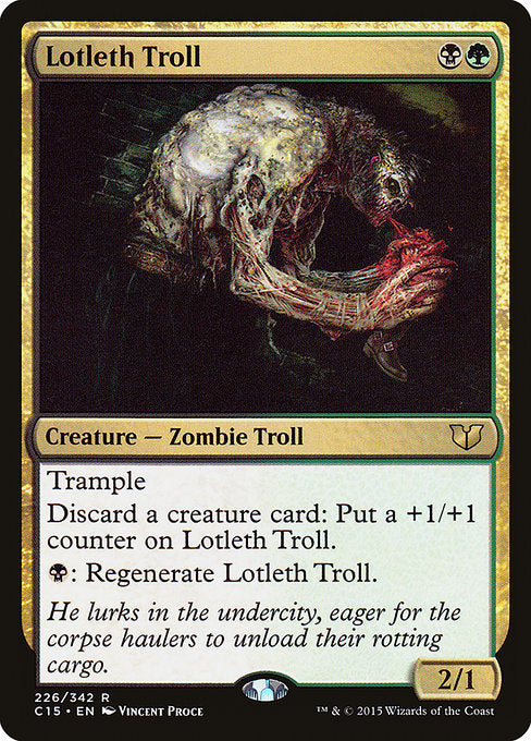 Lotleth Troll
Creature — Zombie Troll
Trample
Discard a creature card: Put a +1/+1 counter on this creature.
{B}: Regenerate this creature.
2/1