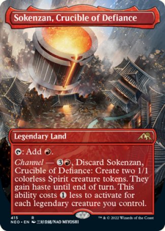 '-Sokenzan, Crucible of Defiance
Legendary Land
%T: Add %R.
Channel â€” %3%R, Discard this card: Create two 1/1 colorless Spirit creature tokens. They gain haste until end of turn. This ability costs %1 less to activate for each legendary creature you control.