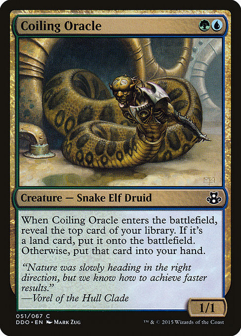 Coiling Oracle
Creature — Snake Elf Druid
When this creature enters, reveal the top card of your library. If it's a land card, put it onto the battlefield. Otherwise, put that card into your hand.
1/1