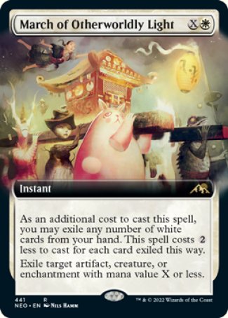 '-March of Otherworldly Light
Instant
As an additional cost to cast this spell, you may exile any number of white cards from your hand. This spell costs %2 less to cast for each card exiled this way.
Exile target artifact, creature, or enchantment with mana value X or less.