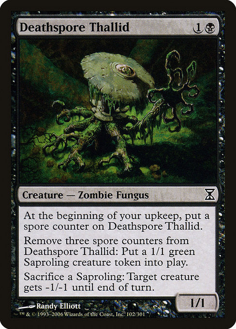 Deathspore Thallid
Creature — Zombie Fungus
At the beginning of your upkeep, put a spore counter on this creature.
Remove three spore counters from this creature: Create a 1/1 green Saproling creature token.
Sacrifice a Saproling: Target creature gets -1/-1 until end of turn.
1/1