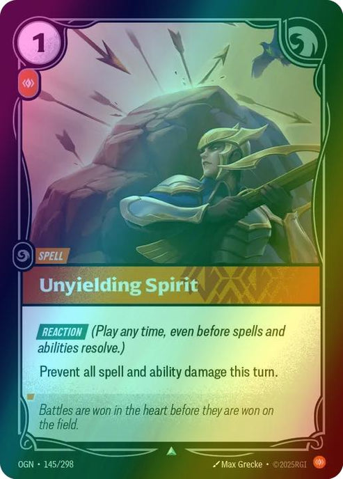 Unyielding Spirit
Alternate Art Qualifier: Default Art
Set: Origins
Finish: Foil
Rarity: Uncommon
Domain: Body
Card Text: REACTION (Play at any time, even before spells and abilities resolve.)

Prevent all spell and ability damage this turn.
