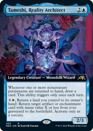 Tameshi, Reality Architect
Legendary Creature — Moonfolk Wizard
Whenever one or more noncreature permanents are returned to hand, draw a card. This ability triggers only once each turn.
%X%W, Return a land you control to its owner's hand: Return target artifact or enchantment card with mana value X or less from your graveyard to the battlefield. Activate only as a sorcery.
2/3
