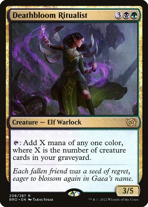 Deathbloom Ritualist
Creature — Elf Warlock
{T}: Add X mana of any one color, where X is the number of creature cards in your graveyard.
3/5