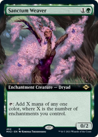 '-Sanctum Weaver
Enchantment Creature â€” Dryad
%T: Add X mana of any one color, where X is the number of enchantments you control.
0/2