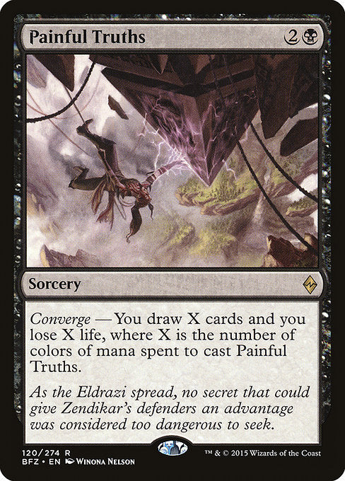 Painful Truths
Sorcery
Converge — You draw X cards and lose X life, where X is the number of colors of mana spent to cast this spell.