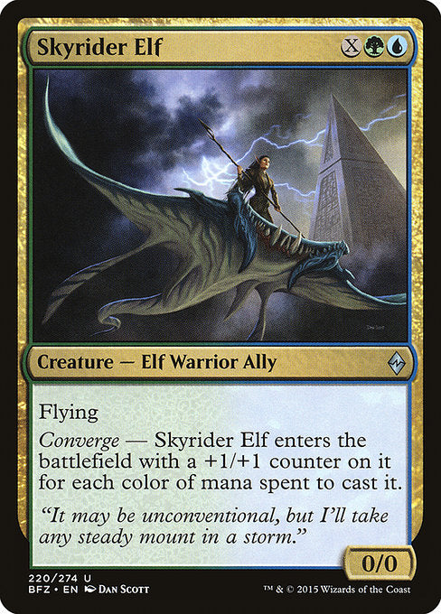 Skyrider Elf
Creature — Elf Warrior Ally
Flying
Converge — This creature enters with a +1/+1 counter on it for each color of mana spent to cast it.
0/0