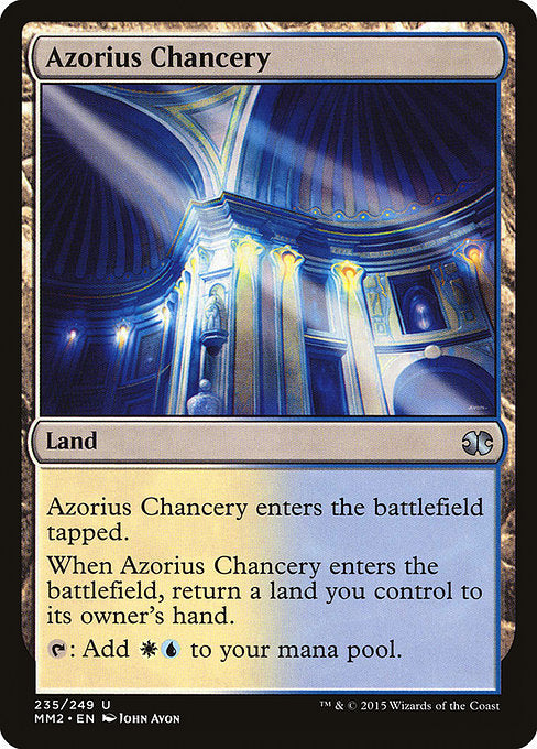 Azorius Chancery
Land
This land enters tapped.
When this land enters, return a land you control to its owner's hand.
{T}: Add {W}{U}.