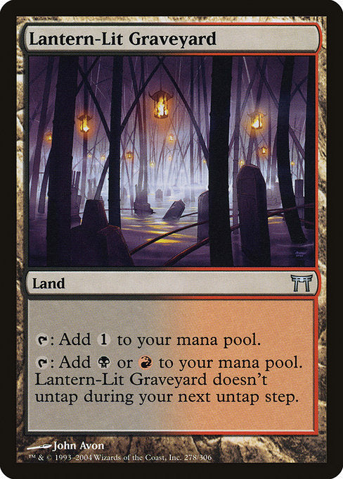 Lantern-Lit Graveyard
Land
{T}: Add {C}.
{T}: Add {B} or {R}. This land doesn't untap during your next untap step.