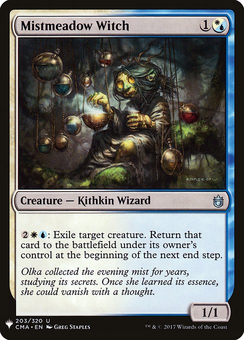 Mistmeadow Witch
Creature — Kithkin Wizard
{2}{W}{U}: Exile target creature. Return that card to the battlefield under its owner's control at the beginning of the next end step.
1/1