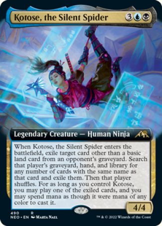 Kotose, the Silent Spider
Legendary Creature — Human Ninja
When Kotose enters, exile target card other than a basic land card from an opponent's graveyard. Search that player's graveyard, hand, and library for any number of cards with the same name as that card and exile them. Then that player shuffles. For as long as you control Kotose, you may play one of the exiled cards, and you may spend mana as though it were mana of any color to cast it.
4/4